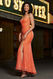 Sparkly Orange Sequins Mermaid Spaghetti Straps Long Prom Dress With Criss Cross Back