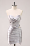 Silver Strapless Hollow Out Pleated Tight Prom Dress with Beading