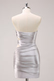 Silver Strapless Hollow Out Pleated Tight Prom Dress with Beading