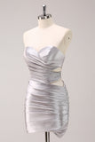 Silver Strapless Hollow Out Pleated Tight Prom Dress with Beading