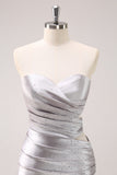 Silver Strapless Hollow Out Pleated Tight Prom Dress with Beading