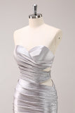 Silver Strapless Hollow Out Pleated Tight Prom Dress with Beading