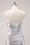 Silver Strapless Hollow Out Pleated Tight Prom Dress with Beading