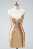 Gold Spaghetti Straps Satin Short Prom Dress with Criss Cross Back