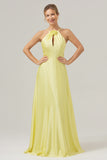 Yellow A Line Halter Cut Out Long Bridesmaid Dress with Flower