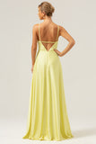 Yellow A Line Halter Cut Out Long Bridesmaid Dress with Flower