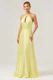 Yellow A Line Halter Cut Out Backless Satin Bridesmaid Dress