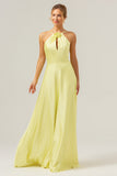 Yellow A Line Halter Cut Out Backless Satin Bridesmaid Dress