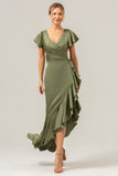 Olive V Neck Satin Ruffled Sheath Asymmetrical Bridesmaid Dress with Slit