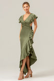 Olive V Neck Satin Ruffled Sheath Asymmetrical Bridesmaid Dress with Slit