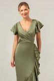 Olive V Neck Satin Ruffled Sheath Asymmetrical Bridesmaid Dress with Slit