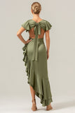 Olive V Neck Satin Ruffled Sheath Asymmetrical Bridesmaid Dress with Slit