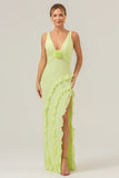 Lime V Neck Ruffled Sheath Bridesmaid Dress with Slit