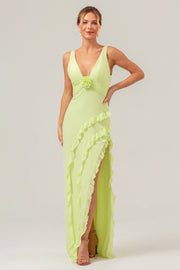 Lime V Neck Ruffled Sheath Bridesmaid Dress with Slit