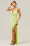 Lime V Neck Ruffled Sheath Bridesmaid Dress with Slit