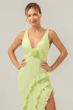 Lime V Neck Ruffled Sheath Bridesmaid Dress with Slit