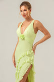 Lime V Neck Ruffled Sheath Bridesmaid Dress with Slit