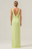 Lime V Neck Ruffled Sheath Bridesmaid Dress with Slit