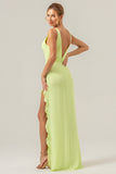 Lime V Neck Ruffled Sheath Bridesmaid Dress with Slit