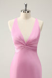 Pink Mermaid V Neck Satin Long Bridesmaid Dress