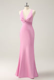 Pink Mermaid V Neck Satin Long Bridesmaid Dress