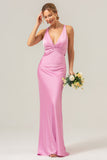 Pink Front Twist Mermaid V Neck Satin Bridesmaid Dress