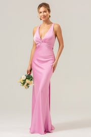 Pink Front Twist Mermaid V Neck Satin Bridesmaid Dress