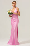 Pink Front Twist Mermaid V Neck Satin Bridesmaid Dress