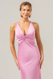 Pink Front Twist Mermaid V Neck Satin Bridesmaid Dress