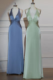 Dusty Blue V-Neck Twist Front Sheath Satin Bridesmaid Dress