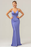 Purple Spaghetti Straps Twist Front Satin Mermaid Bridesmaid Dress