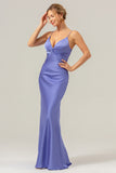 Purple Spaghetti Straps Twist Front Satin Mermaid Bridesmaid Dress