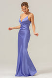 Purple Spaghetti Straps Twist Front Satin Mermaid Bridesmaid Dress