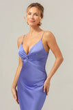 Purple Spaghetti Straps Twist Front Satin Mermaid Bridesmaid Dress