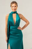 Peacock Sheath V-Neck Satin Bridesmaid Dress with Ribbon