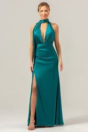 Peacock Sheath V-Neck Satin Bridesmaid Dress with Ribbon