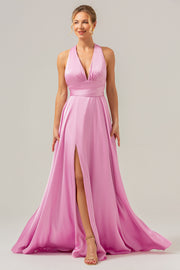 Pink A Line V-Neck Satin Lace Up Bridesmaid Dress with Slit