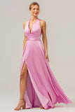 Pink A Line V-Neck Satin Lace Up Bridesmaid Dress with Slit