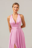 Pink A Line V-Neck Satin Lace Up Bridesmaid Dress with Slit