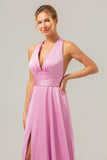 Pink A Line V-Neck Satin Lace Up Bridesmaid Dress with Slit