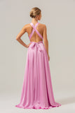 Pink A Line V-Neck Backless Bridesmaid Dress with Slit