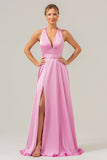 Pink A Line V-Neck Satin Lace Up Bridesmaid Dress with Slit