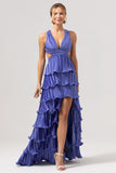 Purple Tiered Hollow Out A-Line Bridesmaid Dress with Slit