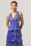 Purple Tiered Hollow Out A-Line Bridesmaid Dress with Slit