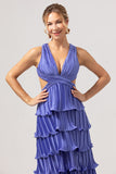 Purple Tiered Hollow Out A-Line Bridesmaid Dress with Slit