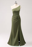 Olive One Shoulder Mermaid Satin Long Bridesmaid Dress