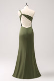 Olive One Shoulder Mermaid Satin Backless Bridesmaid Dress