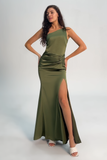 Olive One Shoulder Mermaid Satin Bridesmaid Dress with Slit