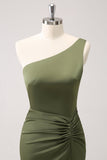 Olive One Shoulder Mermaid Satin Bridesmaid Dress with Slit