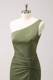 Olive One Shoulder Mermaid Satin Long Bridesmaid Dress